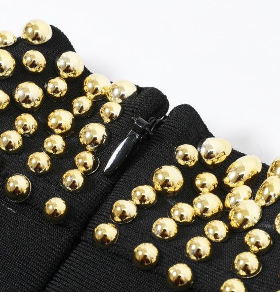 Black Heavyweight Stretch Knit Bodycon Dress with Gold Beaded Details - OWNCI Black Heavyweight Stretch Knit Bodycon Dress with Gold Beaded Details - OWNCI