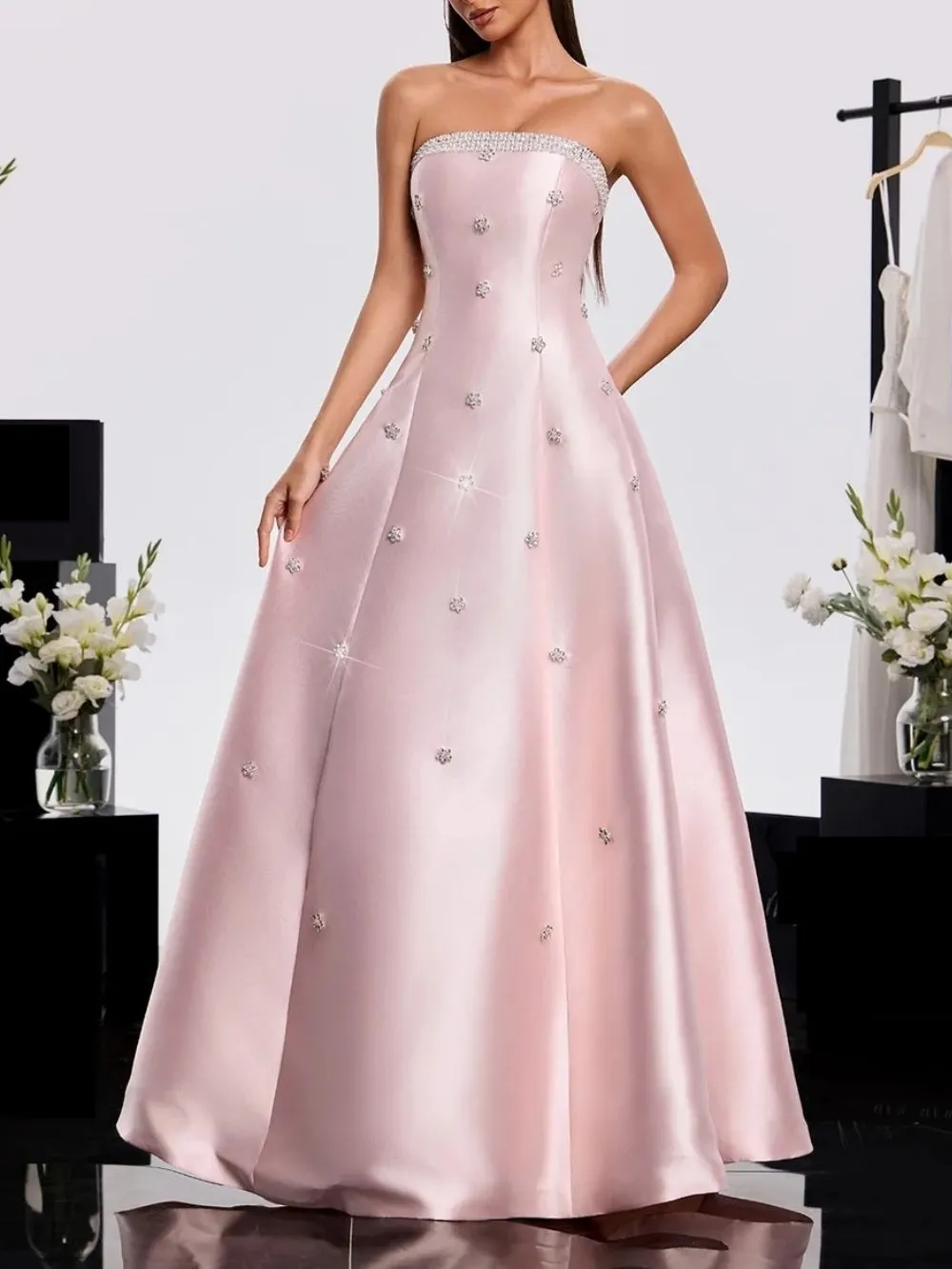 Harumi Strapless Rhinestone Satin Dress - OWNCI Harumi Strapless Rhinestone Satin Dress - OWNCI