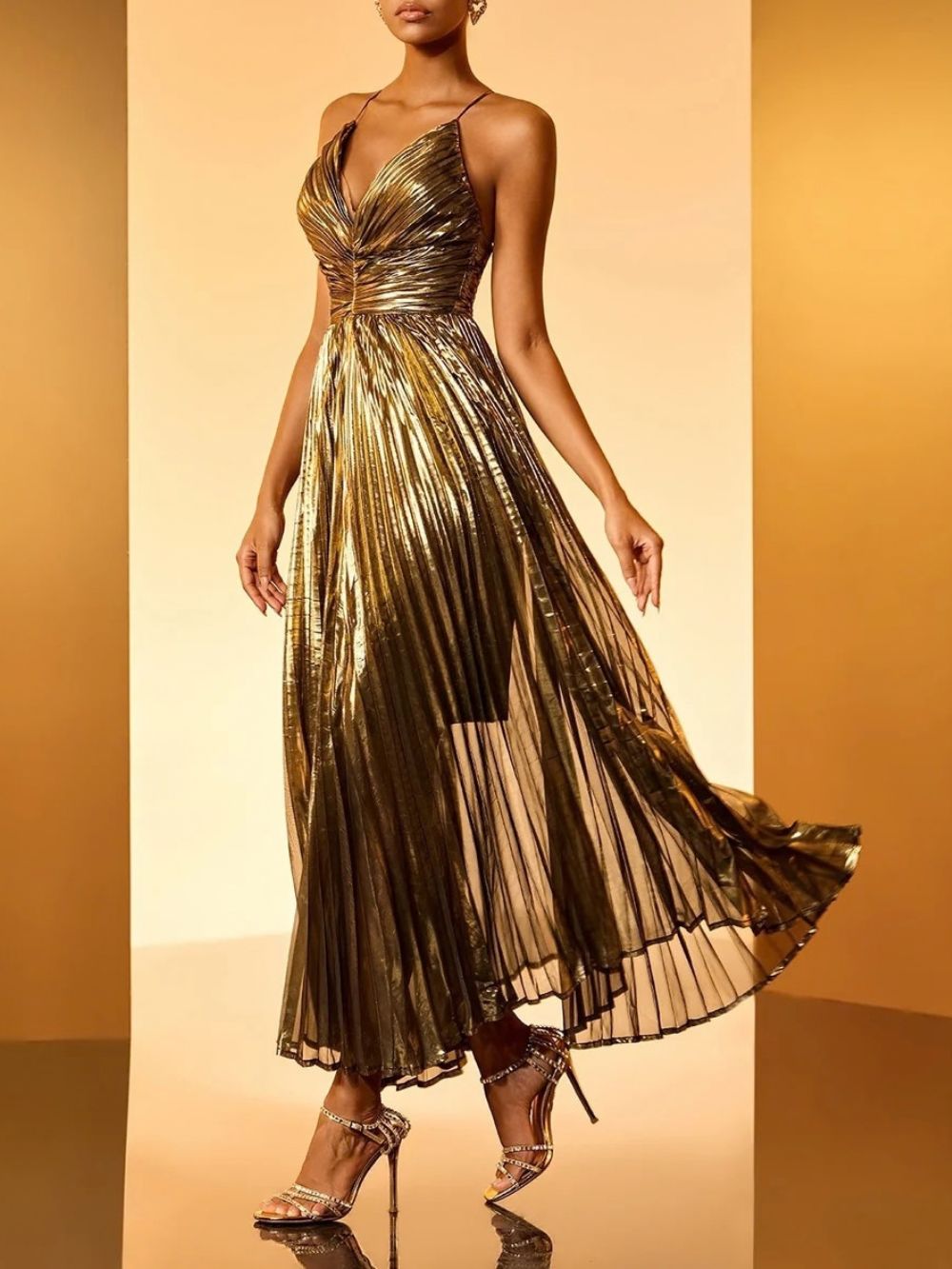 Syrena Spaghetti Pleated Metallic Midi Dress - OWNCI Syrena Spaghetti Pleated Metallic Midi Dress - OWNCI