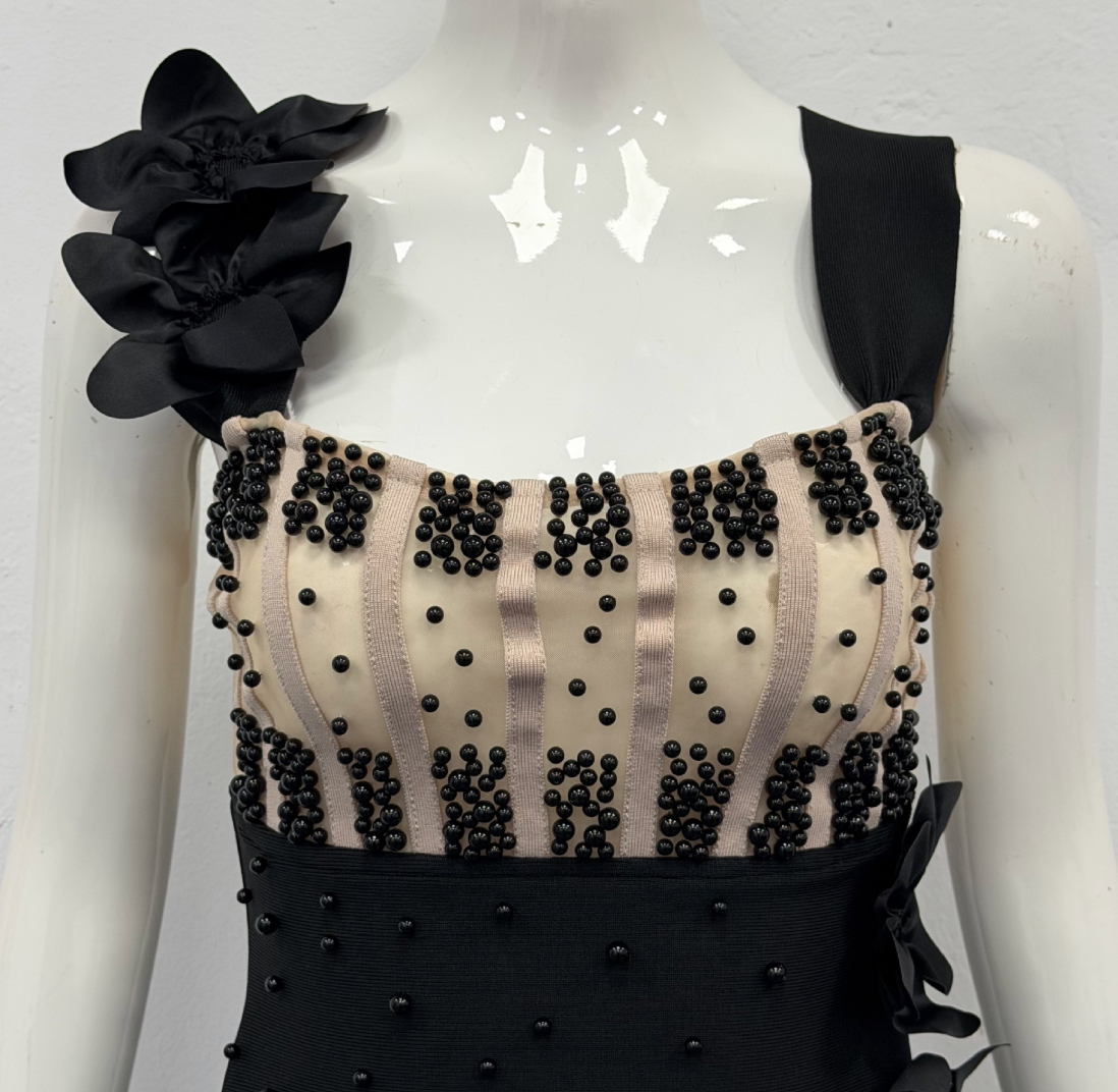 Black Structured Crepe Column Evening Gown with Beaded Bodice - OWNCI Black Structured Crepe Column Evening Gown with Beaded Bodice - OWNCI