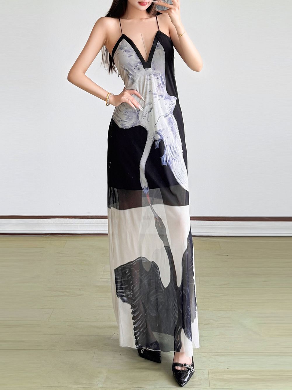 Meryem Spaghetti Swan Printed Maxi Dress - OWNCI Meryem Spaghetti Swan Printed Maxi Dress - OWNCI
