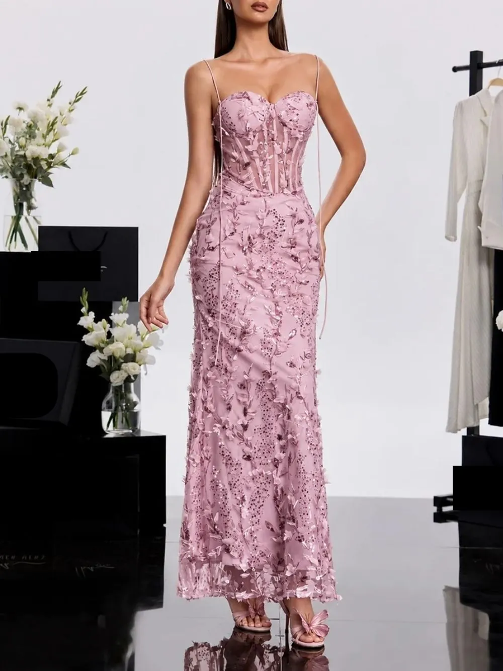 Haranu Spaghetti Corset Sequin Dress In Pink - OWNCI Haranu Spaghetti Corset Sequin Dress In Pink - OWNCI