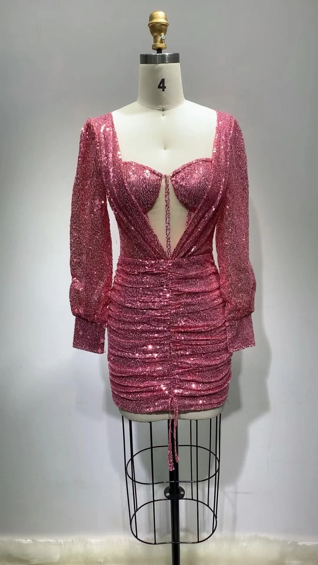 Zenobia Ruched Cut Out Sequin Mini Dress In Pink - OWNCI Zenobia Ruched Cut Out Sequin Mini Dress In Pink - OWNCI