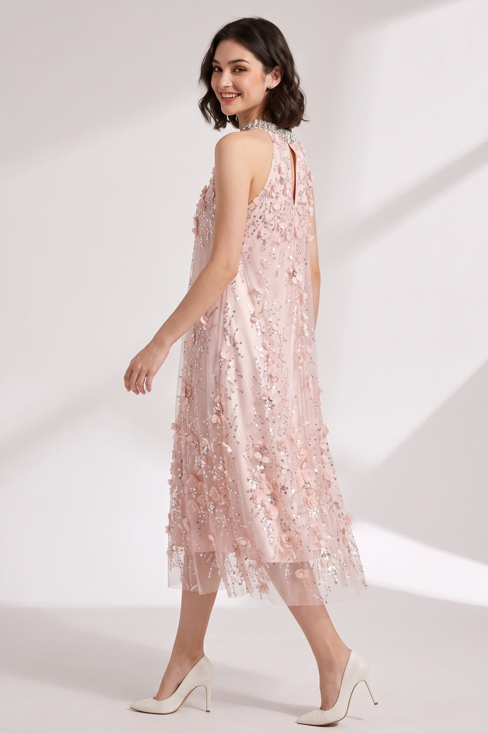 Blush Pink Tulle Mesh A-Line Shift Dress with Floral Embellishment - OWNCI Blush Pink Tulle Mesh A-Line Shift Dress with Floral Embellishment - OWNCI