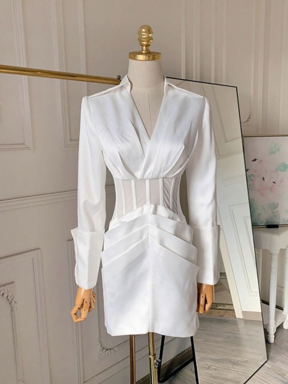 Faroald Long Sleeve Corset Mini Dress In White - OWNCI