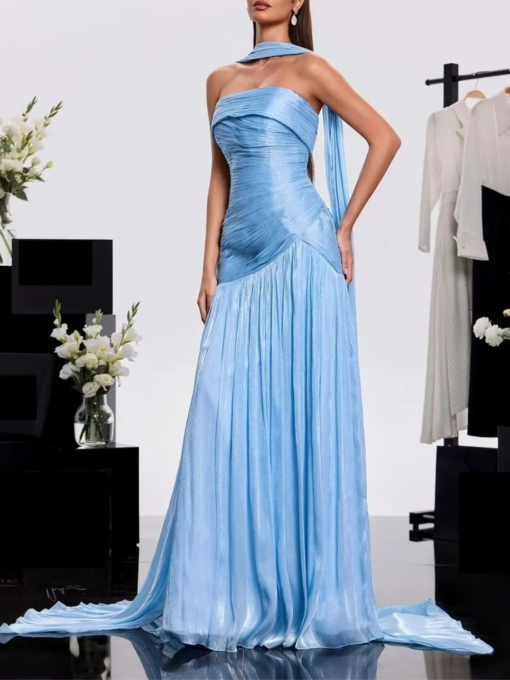 Bravexia Strapless Pleated Scarf Maxi Dress - OWNCI