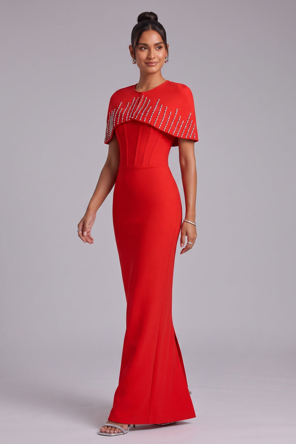 Bright Red Heavy Crepe Column Maxi Dress With Capelet - OWNCI Bright Red Heavy Crepe Column Maxi Dress With Capelet - OWNCI