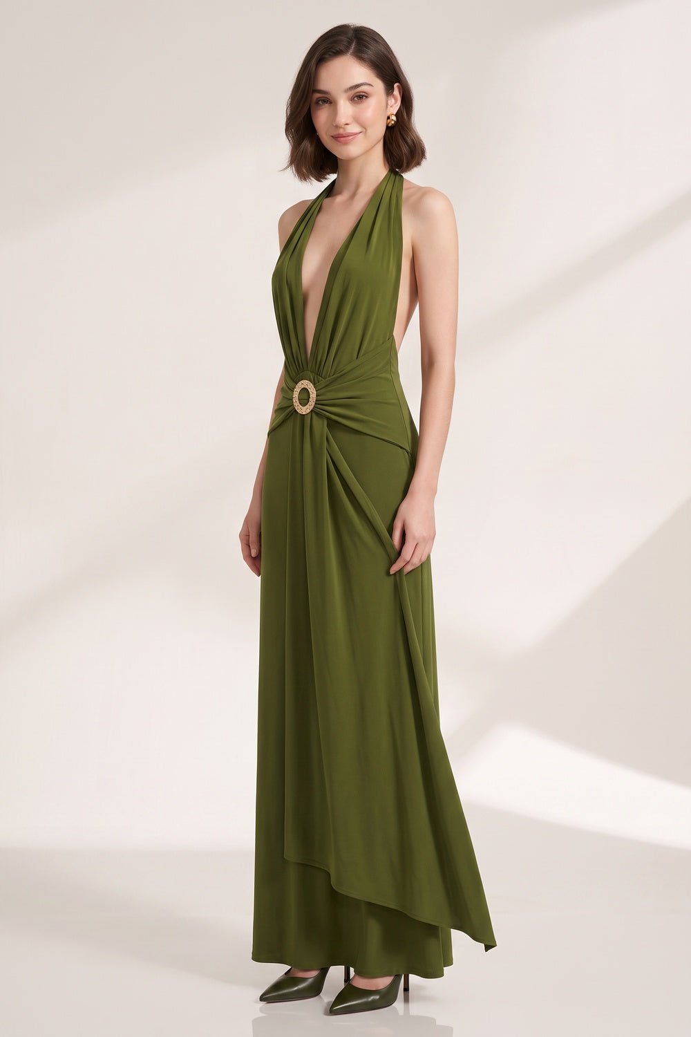 Olive Green Fluid Jersey Column Dress - OWNCI Olive Green Fluid Jersey Column Dress - OWNCI