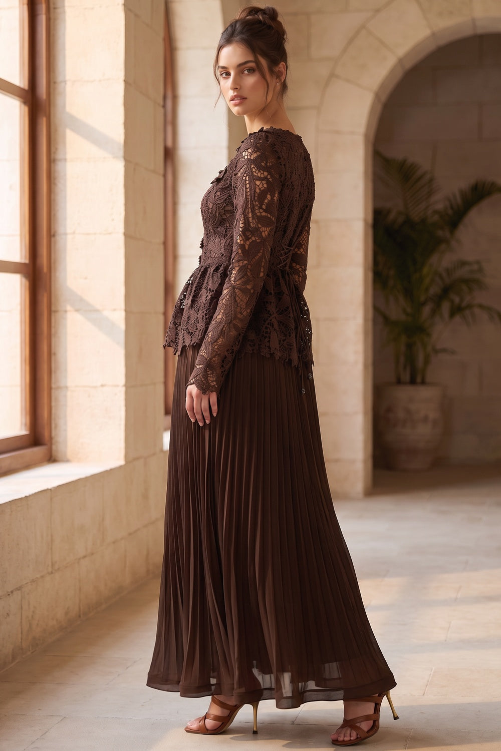 Dark Brown Guipure Lace Peplum Top & Pleated Maxi Skirt Two-Piece Set - OWNCI