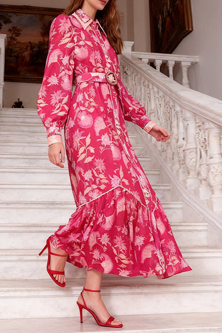 Phoenix Red Floral Print Maxi Dress With Belt - OWNCI