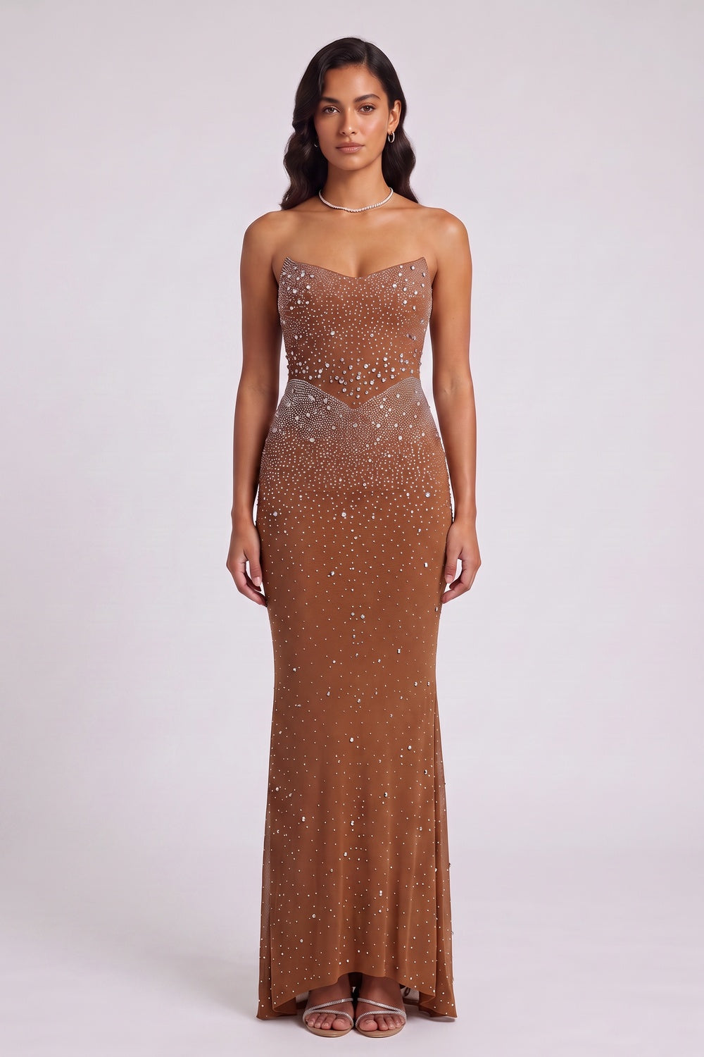 Brown Mesh Fitted Column Gown with Crystal Embellishments - OWNCI Brown Mesh Fitted Column Gown with Crystal Embellishments - OWNCI