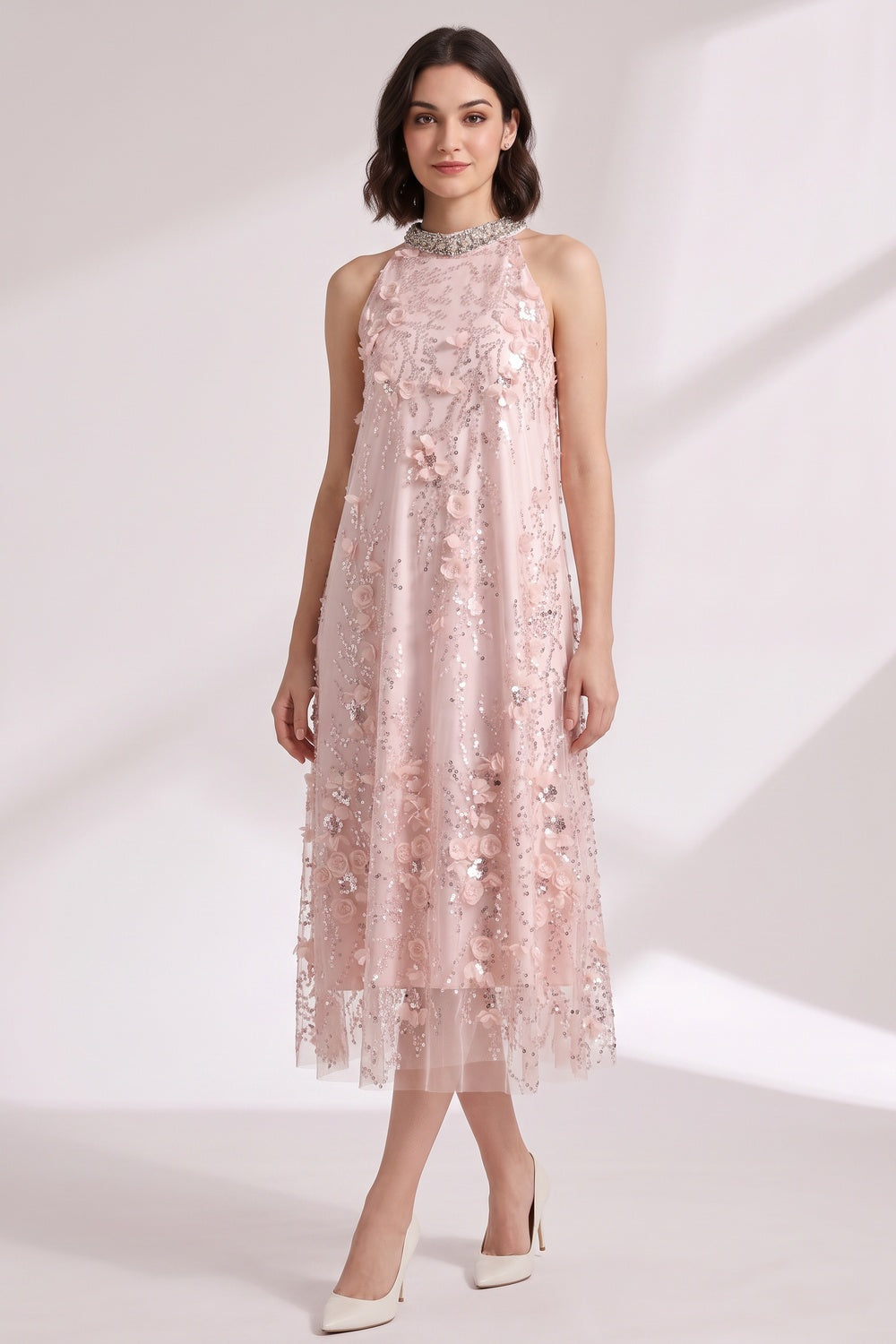Blush Pink Tulle Mesh A-Line Shift Dress with Floral Embellishment - OWNCI