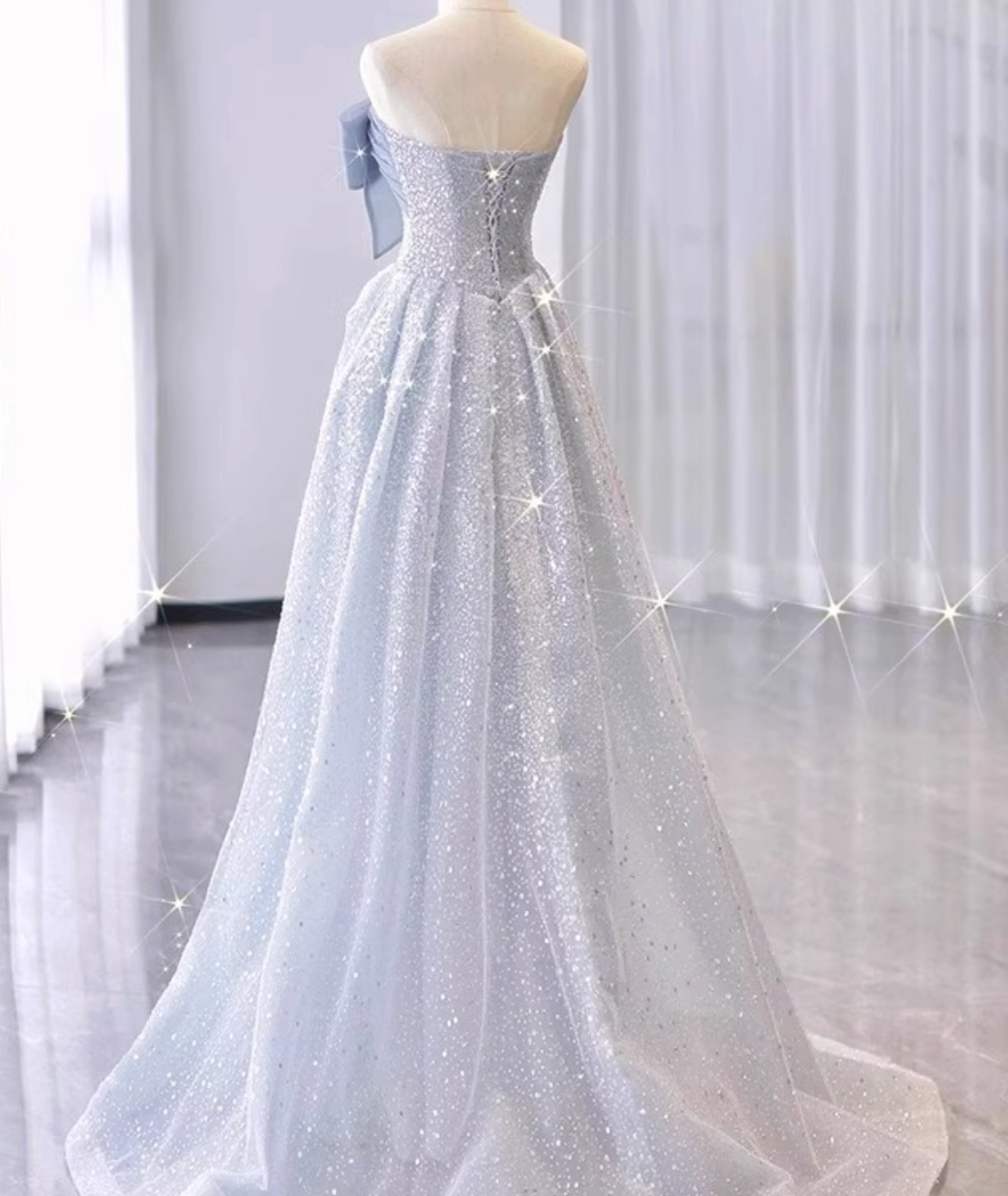 Silver-Blue Glitter Tulle A-Line Evening Gown - OWNCI