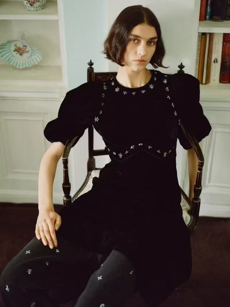 Vicky Black Rhinestone Embellished Velvet Puff Sleeve Maxi Dress - OWNCI Vicky Black Rhinestone Embellished Velvet Puff Sleeve Maxi Dress - OWNCI