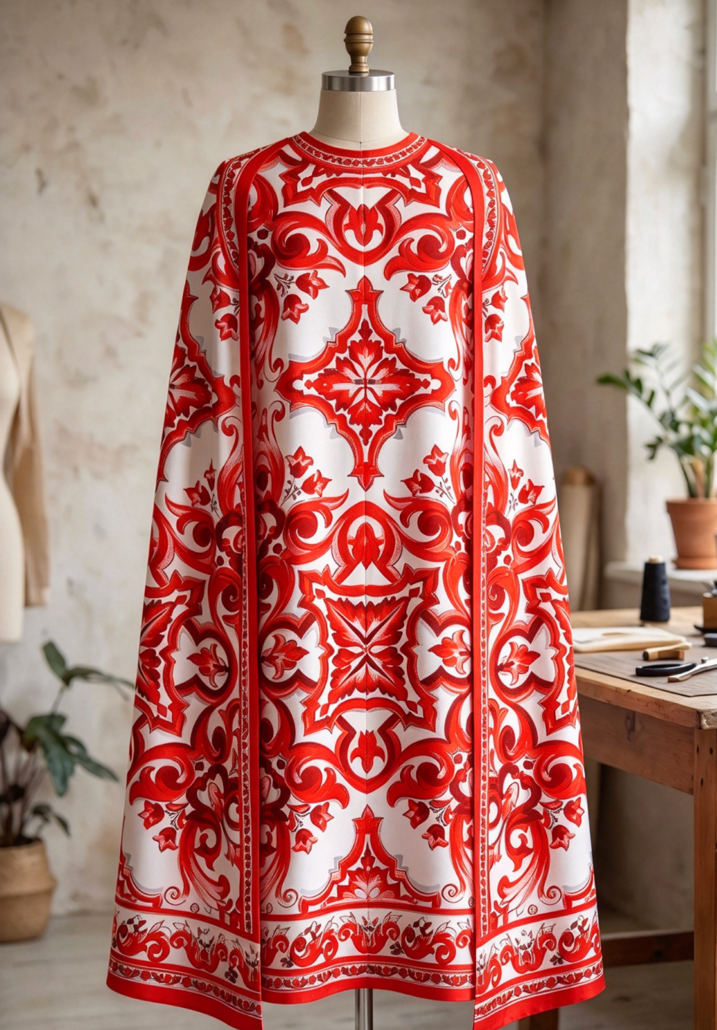 White Majolica Tile Print Cape Dress - OWNCI White Majolica Tile Print Cape Dress - OWNCI