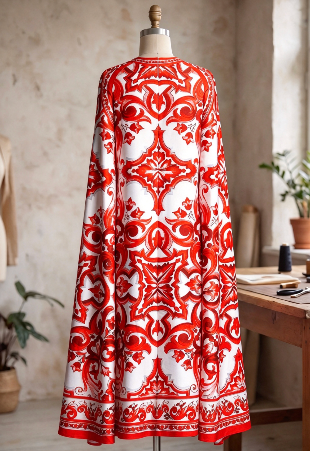 White Majolica Tile Print Cape Dress - OWNCI White Majolica Tile Print Cape Dress - OWNCI