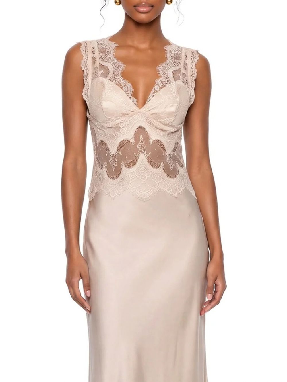 Amelqis V Neck Lace Satin Maxi Dress - OWNCI Amelqis V Neck Lace Satin Maxi Dress - OWNCI