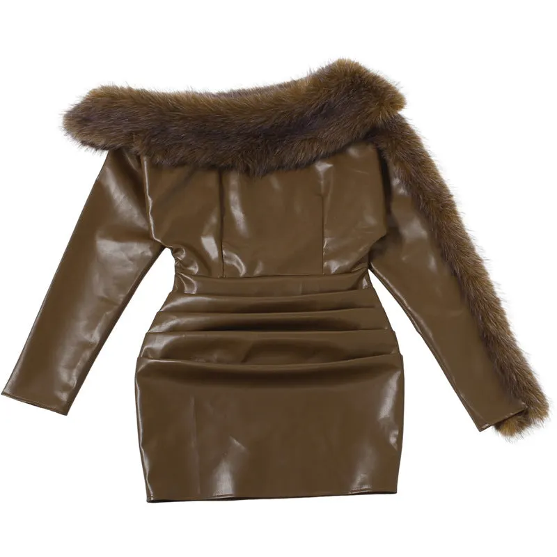 Sibyl Leather Fur Collar Asymmetrical Mini Dress In Brown - OWNCI Sibyl Leather Fur Collar Asymmetrical Mini Dress In Brown - OWNCI