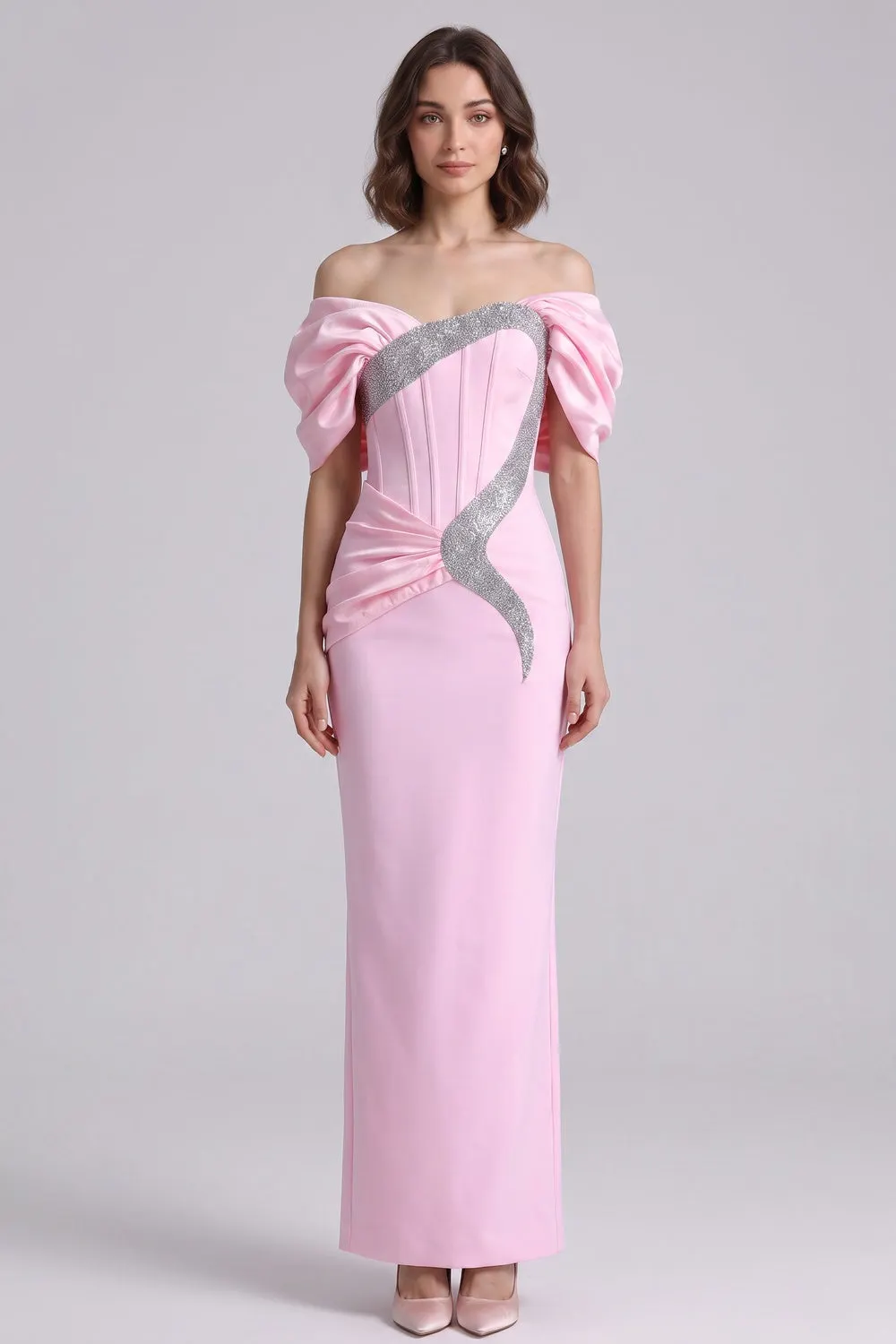 Light Pink Satin-Crepe Column Gown with Silver Sparkly Trim - OWNCI