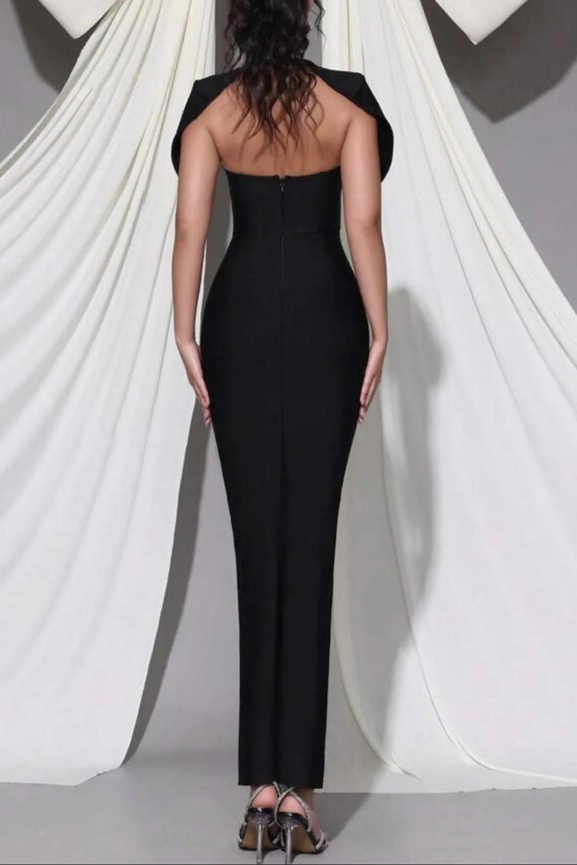 Sibyl Black Shawl-Embellished Diamond Bandage Maxi Dress - OWNCI Sibyl Black Shawl-Embellished Diamond Bandage Maxi Dress - OWNCI