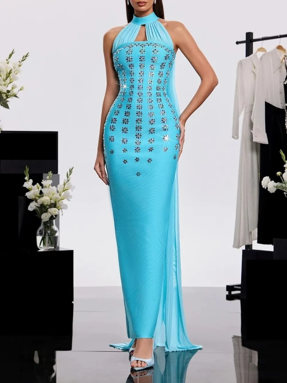 Harena Halterneck Rhinestone Bandage Dress - OWNCI