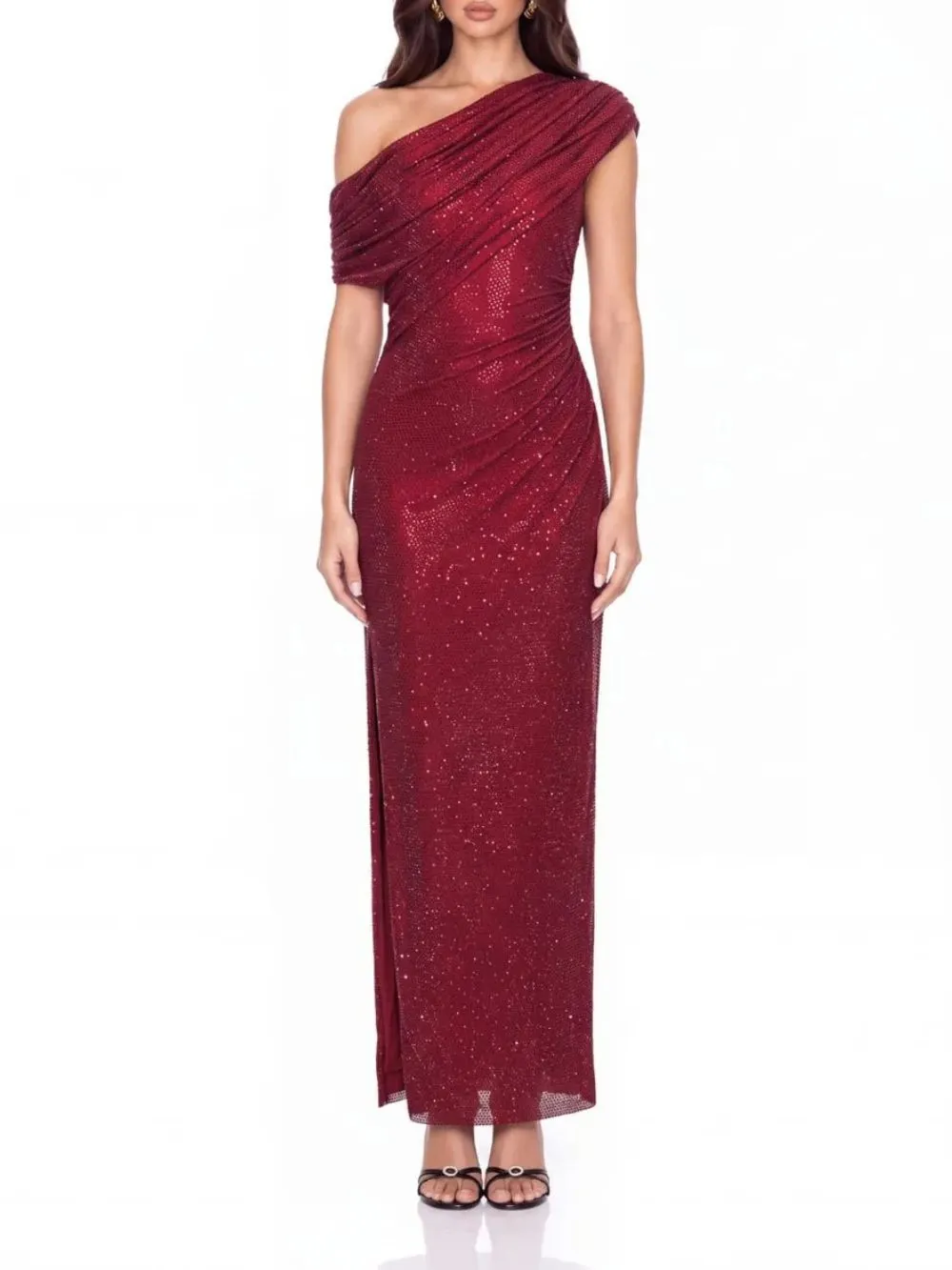 Felnor One Shoulder Rhinestone Maxi Dress - OWNCI