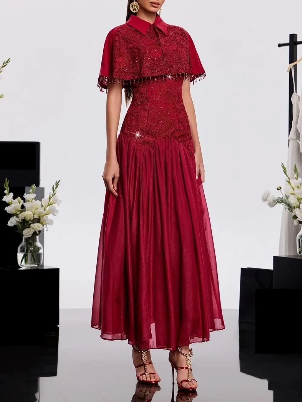Hatice Cape Lace Dress In Wine - OWNCI Hatice Cape Lace Dress In Wine - OWNCI