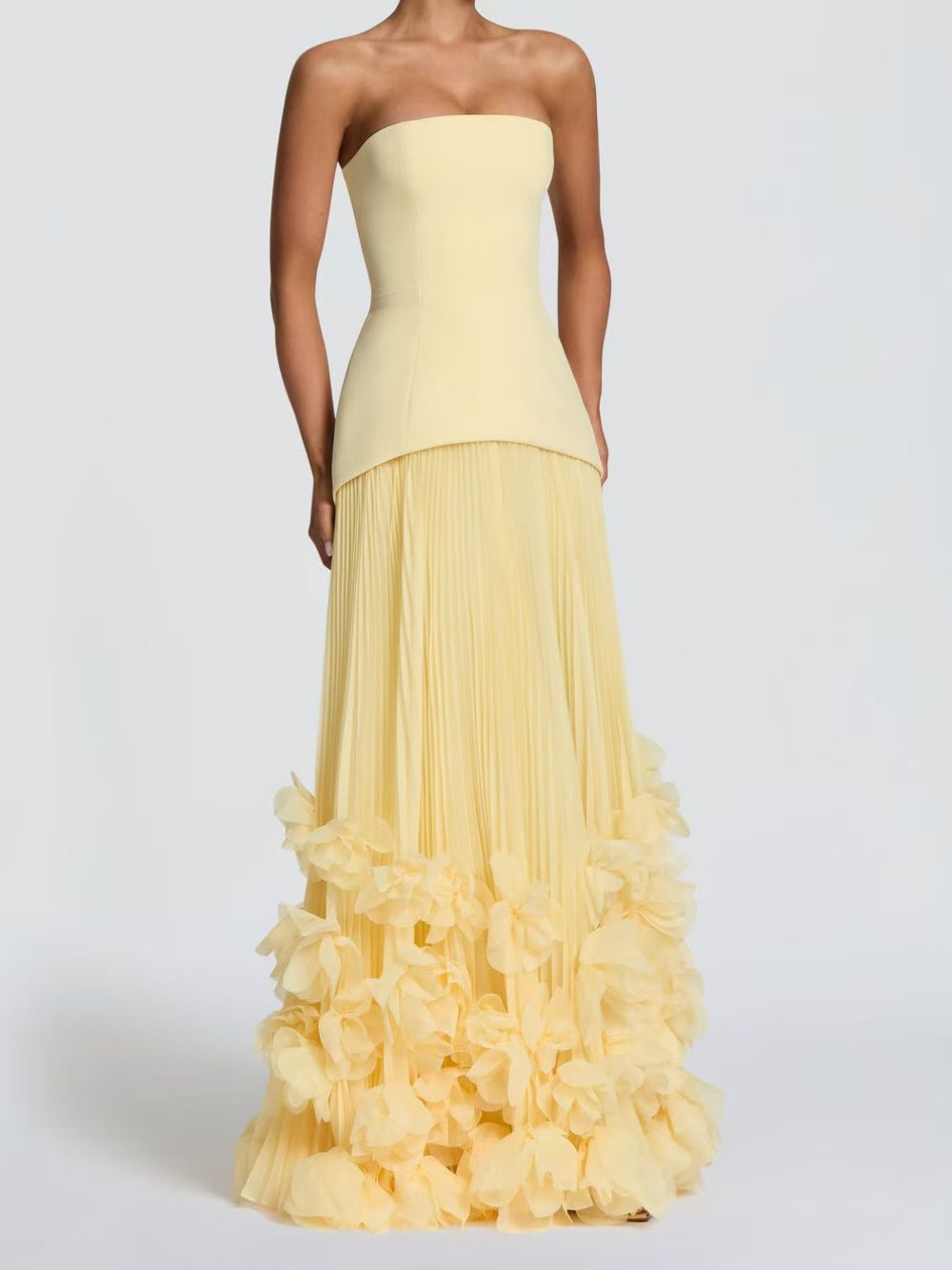 Ovarq Strapless Pleated Flower Maxi Dress In Yellow - OWNCI Ovarq Strapless Pleated Flower Maxi Dress In Yellow - OWNCI