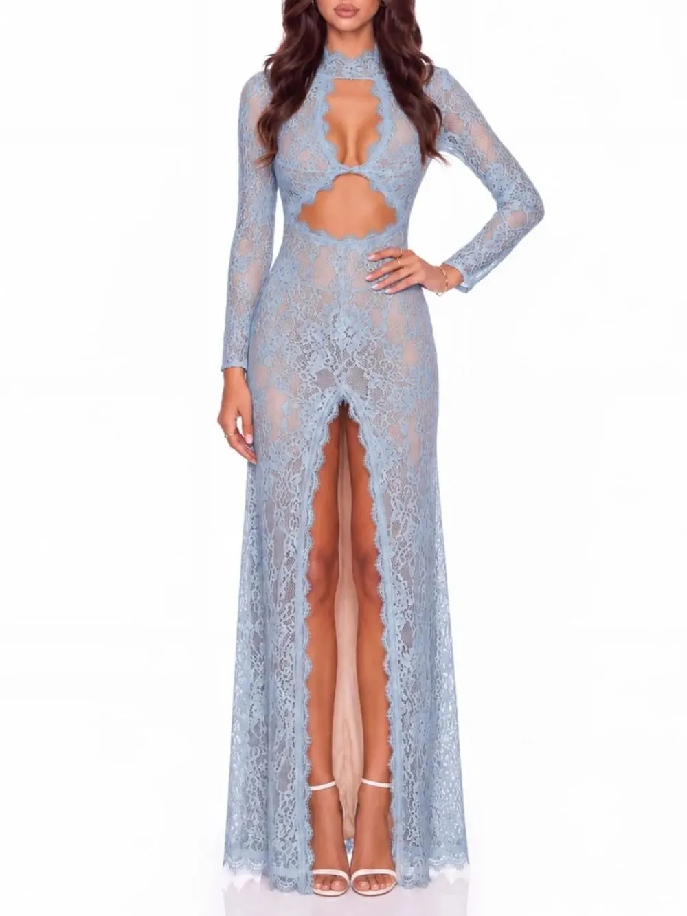 Mareike Long Sleeve Lace Split Maxi Dress In Blue - OWNCI Mareike Long Sleeve Lace Split Maxi Dress In Blue - OWNCI