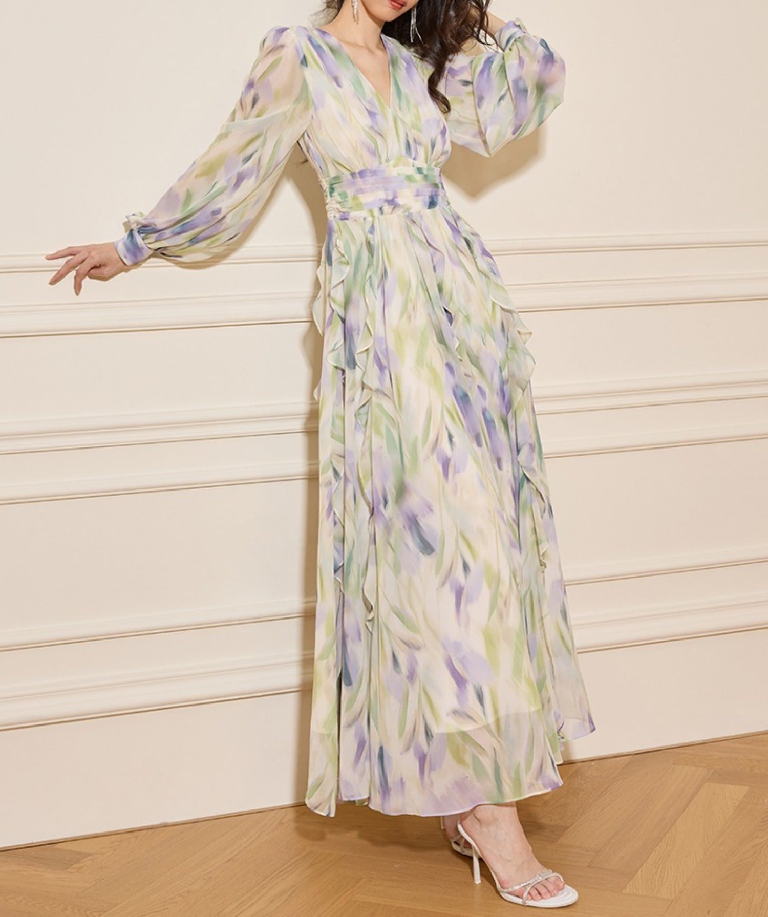 Rachel Multicolor v-Neck Floral Print Lantern Sleeve Maxi Dress - OWNCI Rachel Multicolor v-Neck Floral Print Lantern Sleeve Maxi Dress - OWNCI