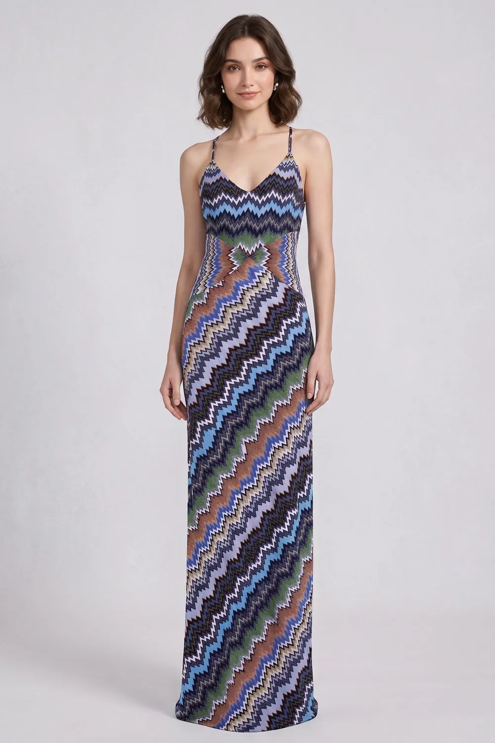 Blue Fine Knit Chevron Maxi Dress - OWNCI Blue Fine Knit Chevron Maxi Dress - OWNCI