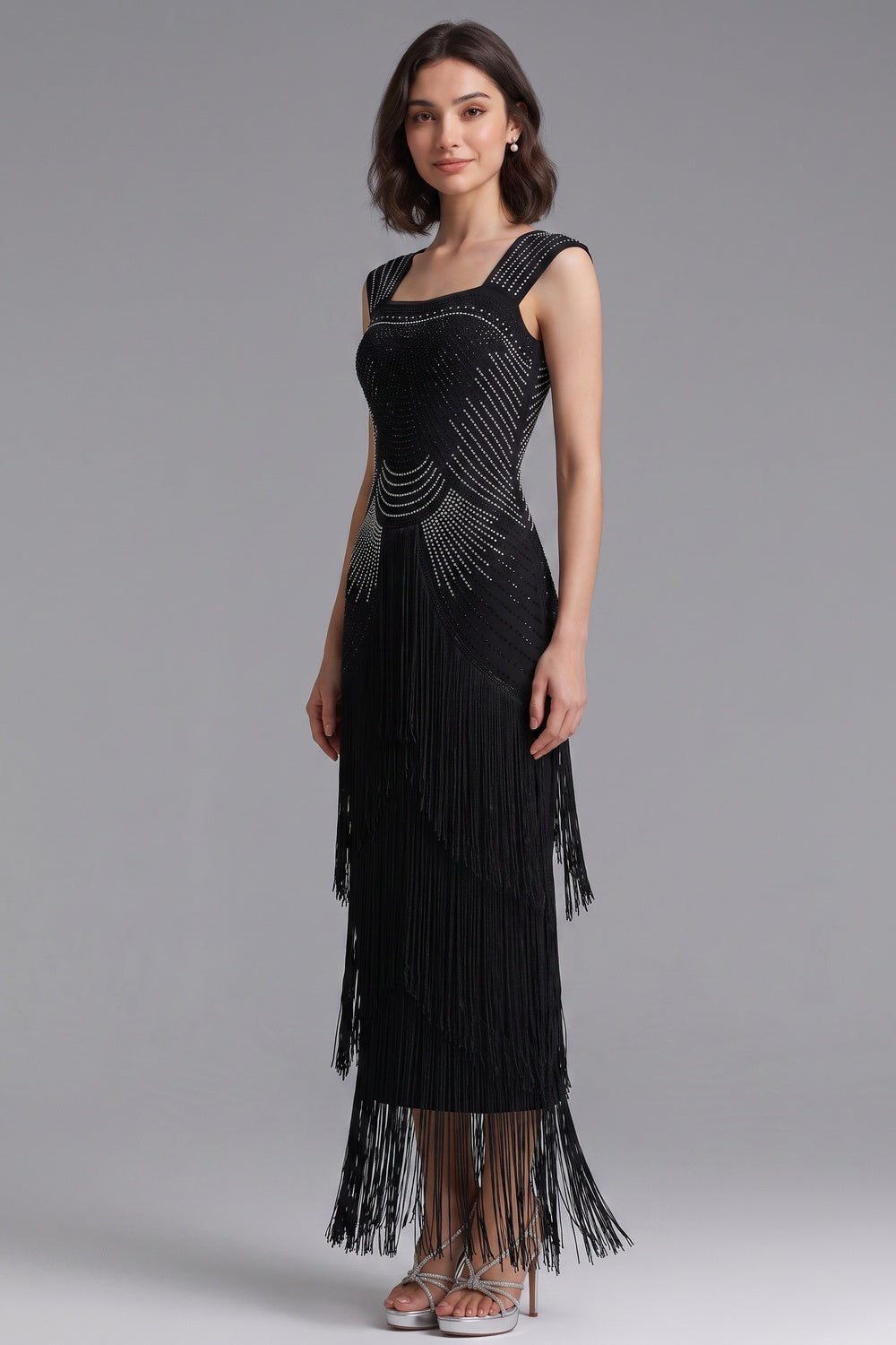 Black Art Deco Beaded Sheath Dress with Tiered Fringe - OWNCI