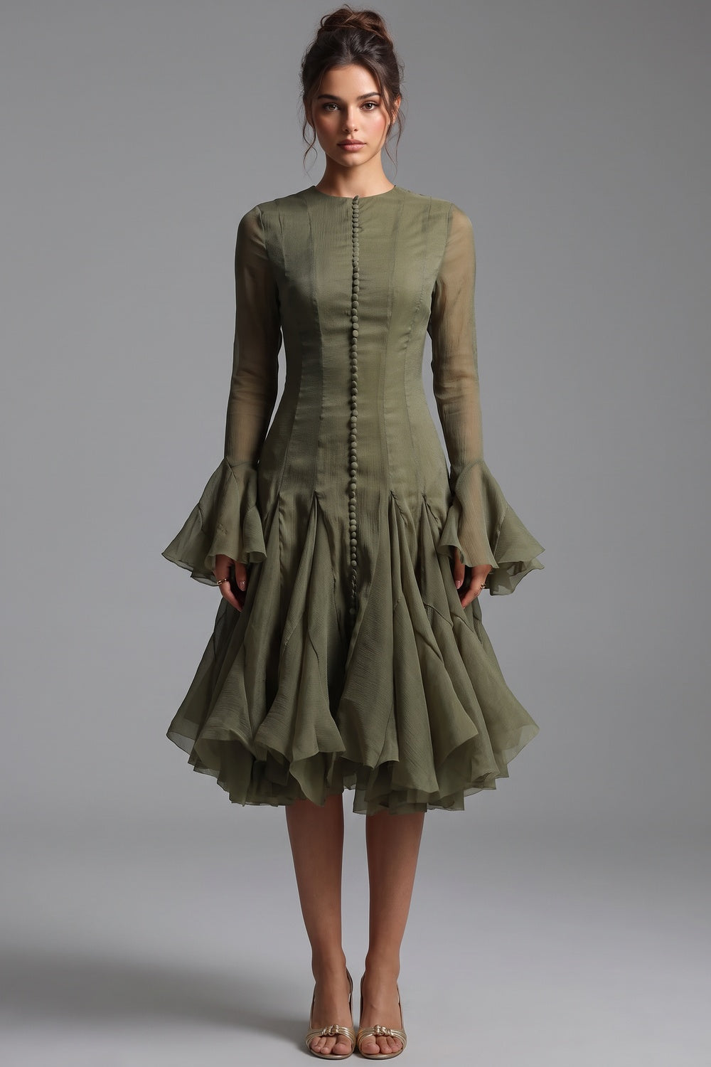 Olive Green Sheer Chiffon Fit-and-Flare Midi Dress - OWNCI