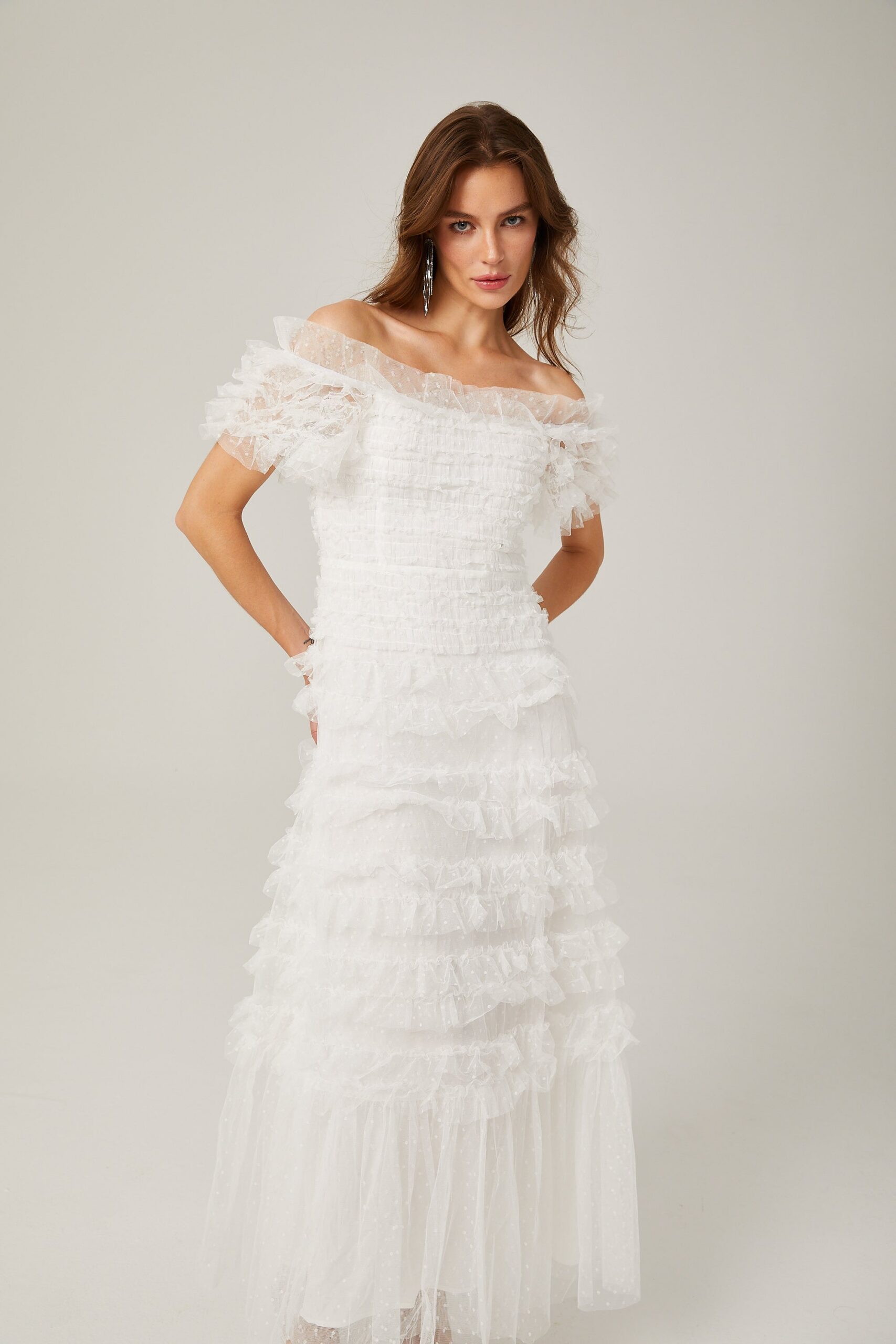 Joyce Ruffled Tulle Tiered Strapless Midi Dress In White - OWNCI Joyce Ruffled Tulle Tiered Strapless Midi Dress In White - OWNCI