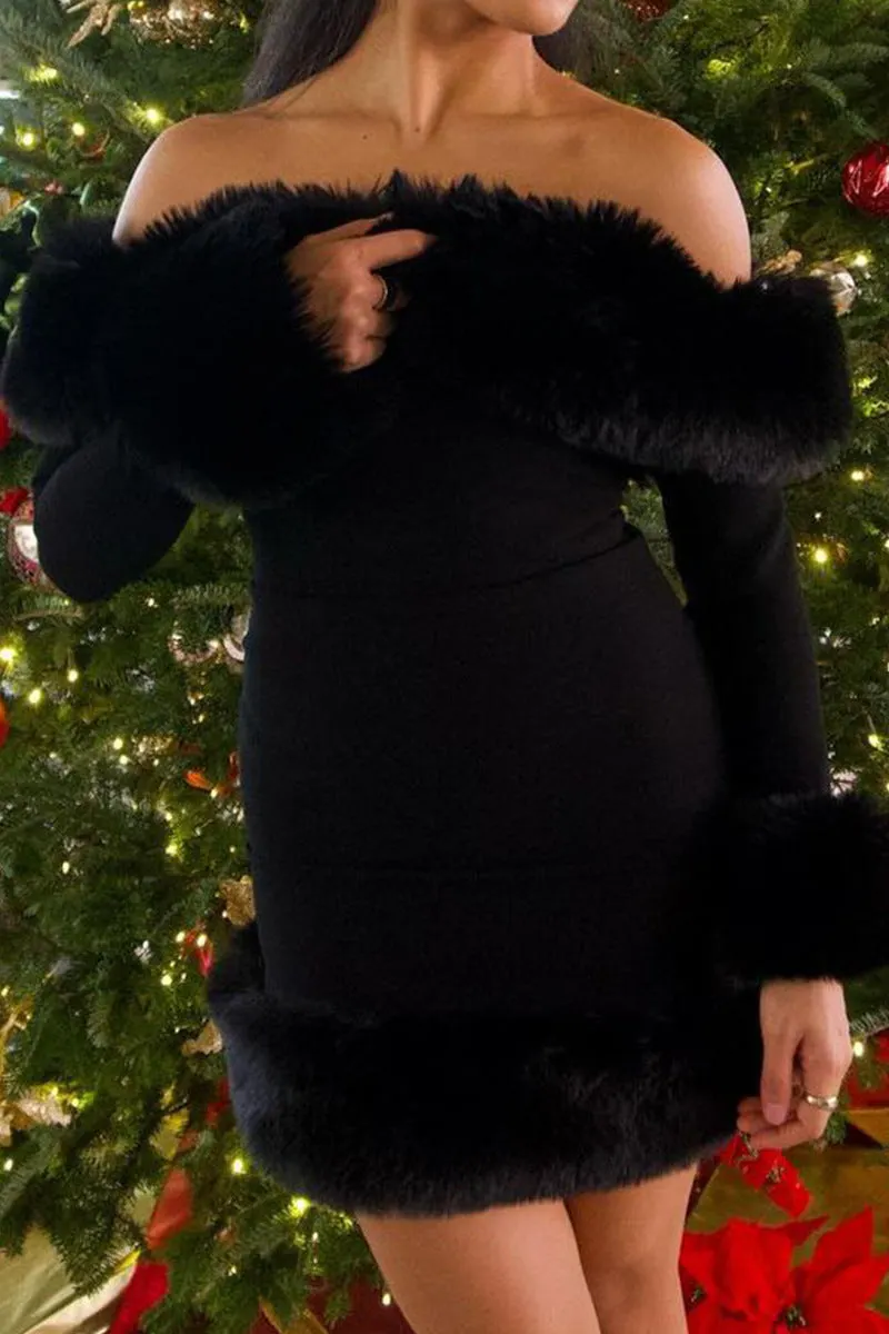 Rita Black Long-Sleeve Off-Shoulder Mini Dress With Fuzzy Details - OWNCI