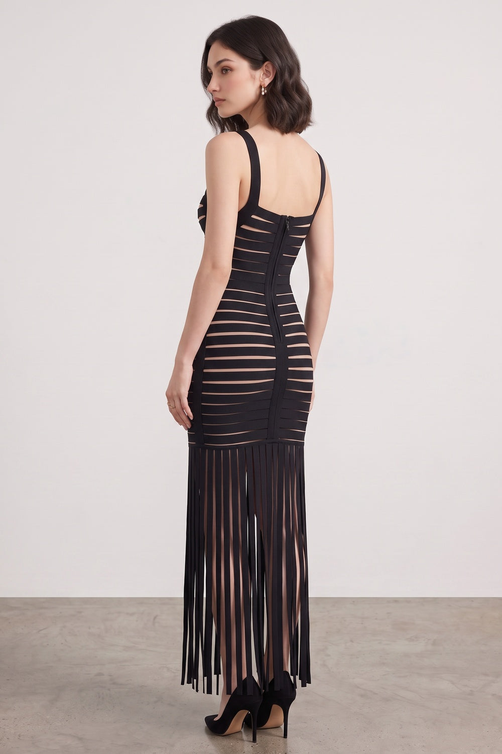Black Bandage Knit Fringe Maxi Dress - OWNCI Black Bandage Knit Fringe Maxi Dress - OWNCI