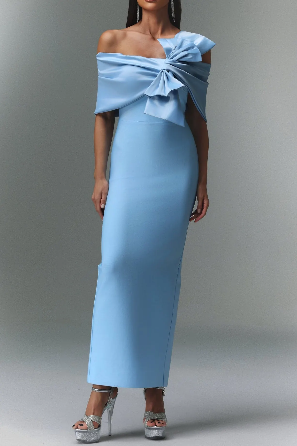 Marina Blue One-Shoulder Bow Bandage Satin Maxi Dress - OWNCI Marina Blue One-Shoulder Bow Bandage Satin Maxi Dress - OWNCI