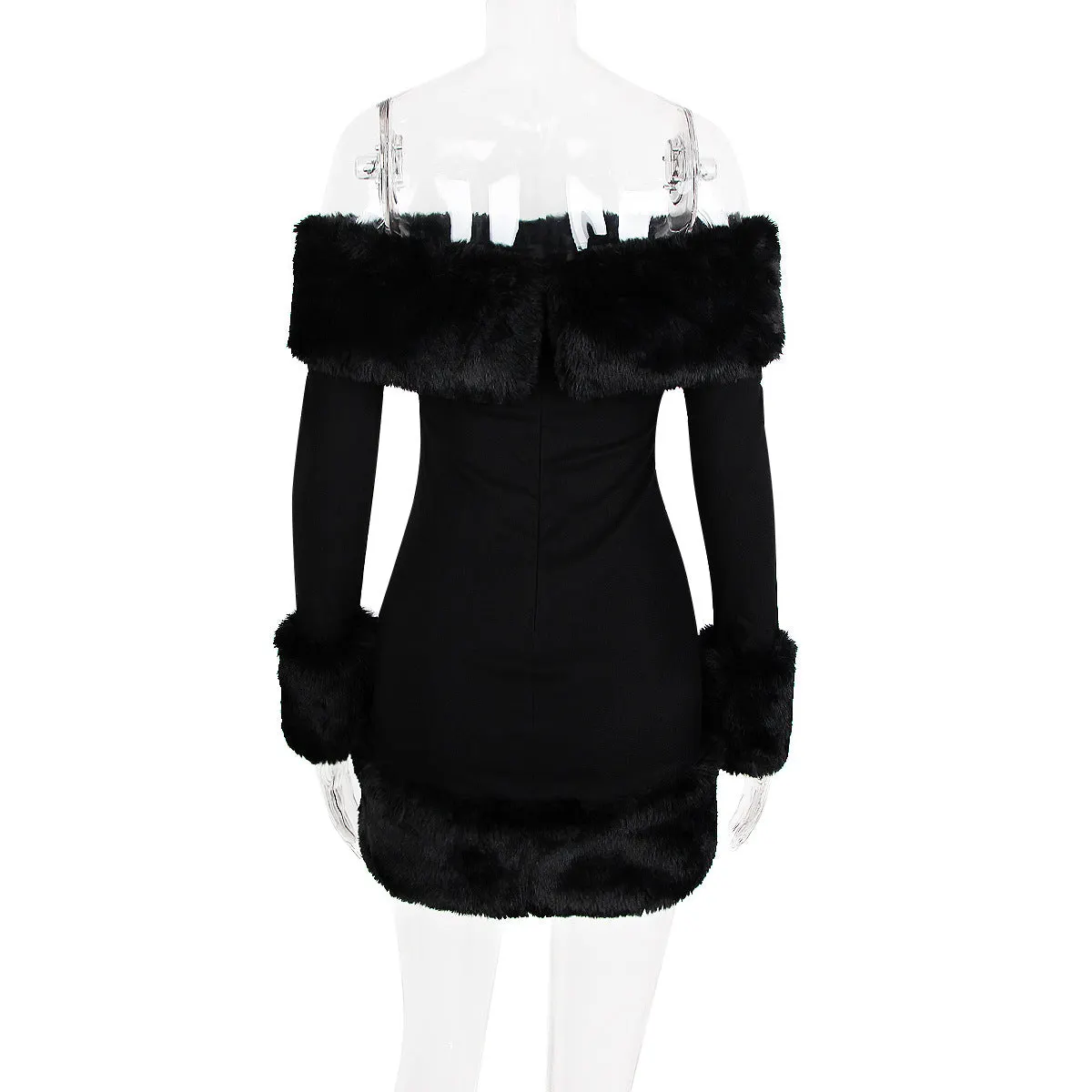 Rita Black Long-Sleeve Off-Shoulder Mini Dress With Fuzzy Details - OWNCI Rita Black Long-Sleeve Off-Shoulder Mini Dress With Fuzzy Details - OWNCI