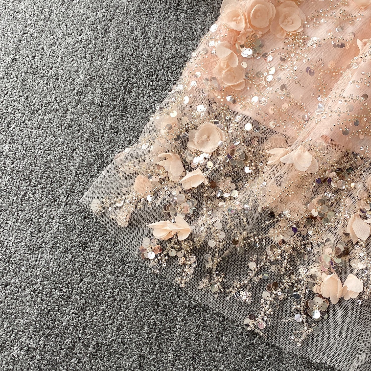 Blush Pink Tulle Mesh A-Line Shift Dress with Floral Embellishment - OWNCI Blush Pink Tulle Mesh A-Line Shift Dress with Floral Embellishment - OWNCI