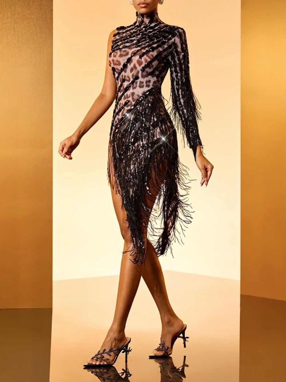 Dagfinn One Shoulder Fringe Sequin Bodysuit In Leopard - OWNCI Dagfinn One Shoulder Fringe Sequin Bodysuit In Leopard - OWNCI