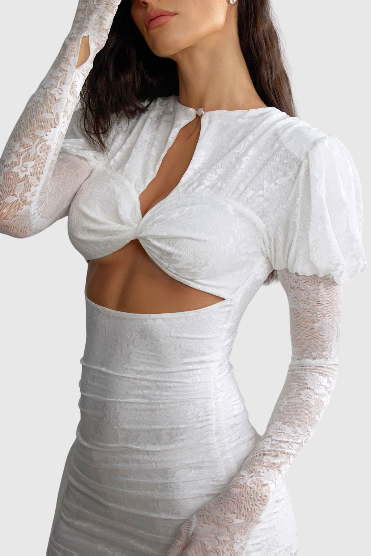 Dariel Floral Jacquard Cutout Draped Mini Dress – White - OWNCI Dariel Floral Jacquard Cutout Draped Mini Dress – White - OWNCI