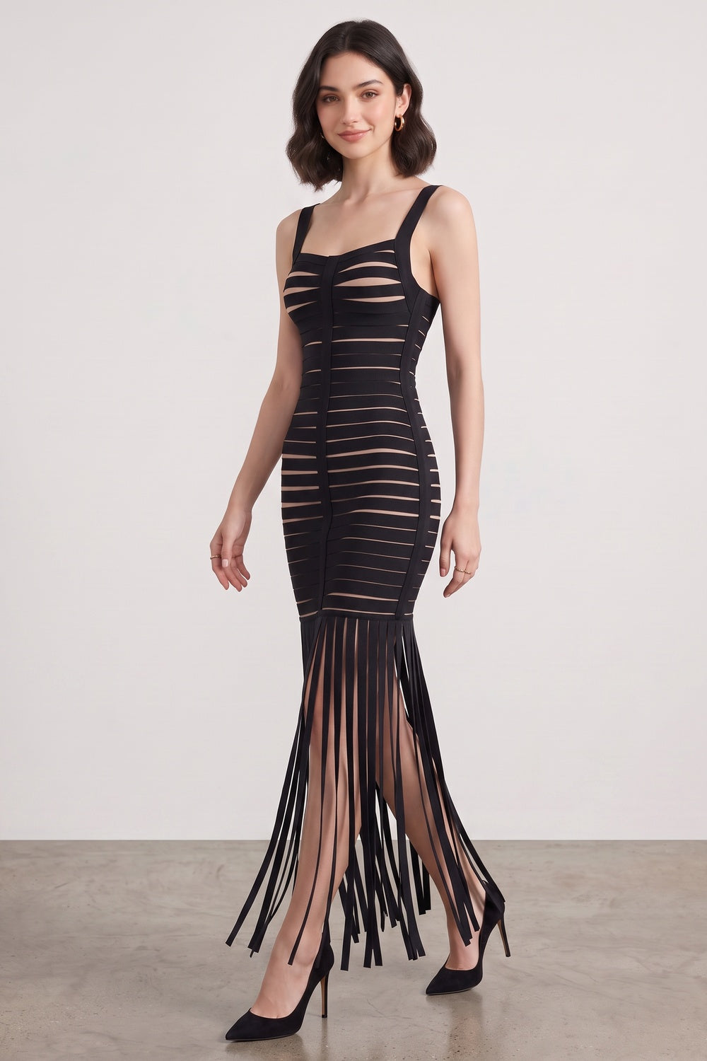 Black Bandage Knit Fringe Maxi Dress - OWNCI Black Bandage Knit Fringe Maxi Dress - OWNCI