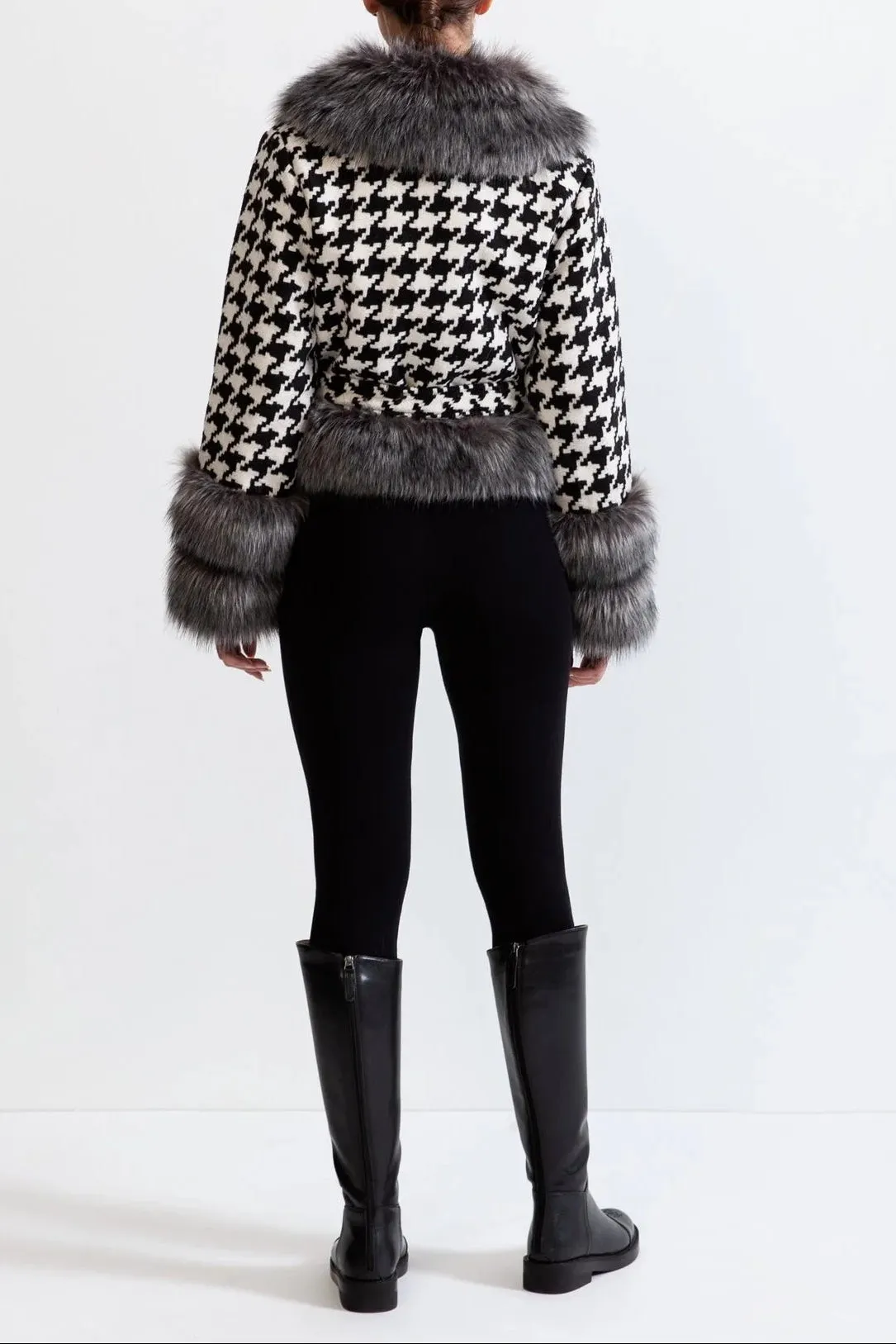 Natividad Houndstooth Wool Belted Coat With Fur - OWNCI