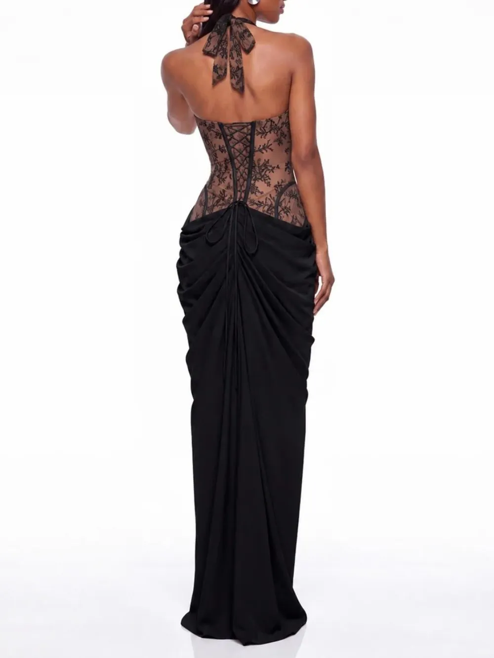 Fujiye Halterneck Lace Corset Split Dress In Black - OWNCI