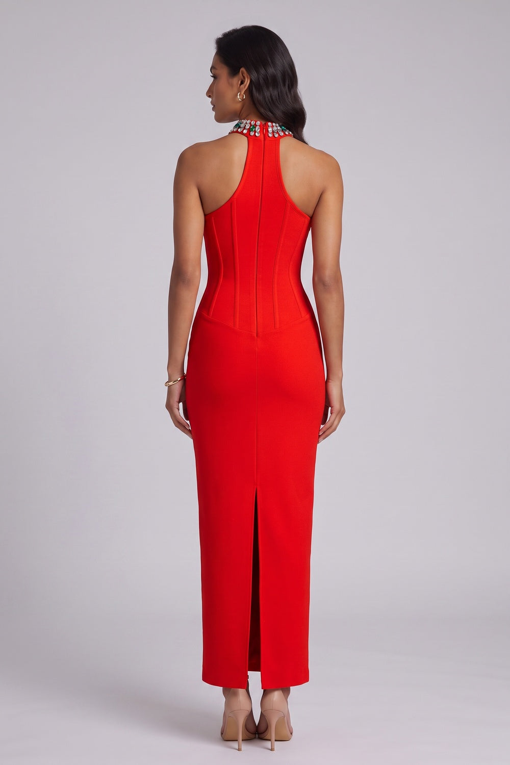 Red Crepe Sheath Dress with Embellished Halter Neck - OWNCI