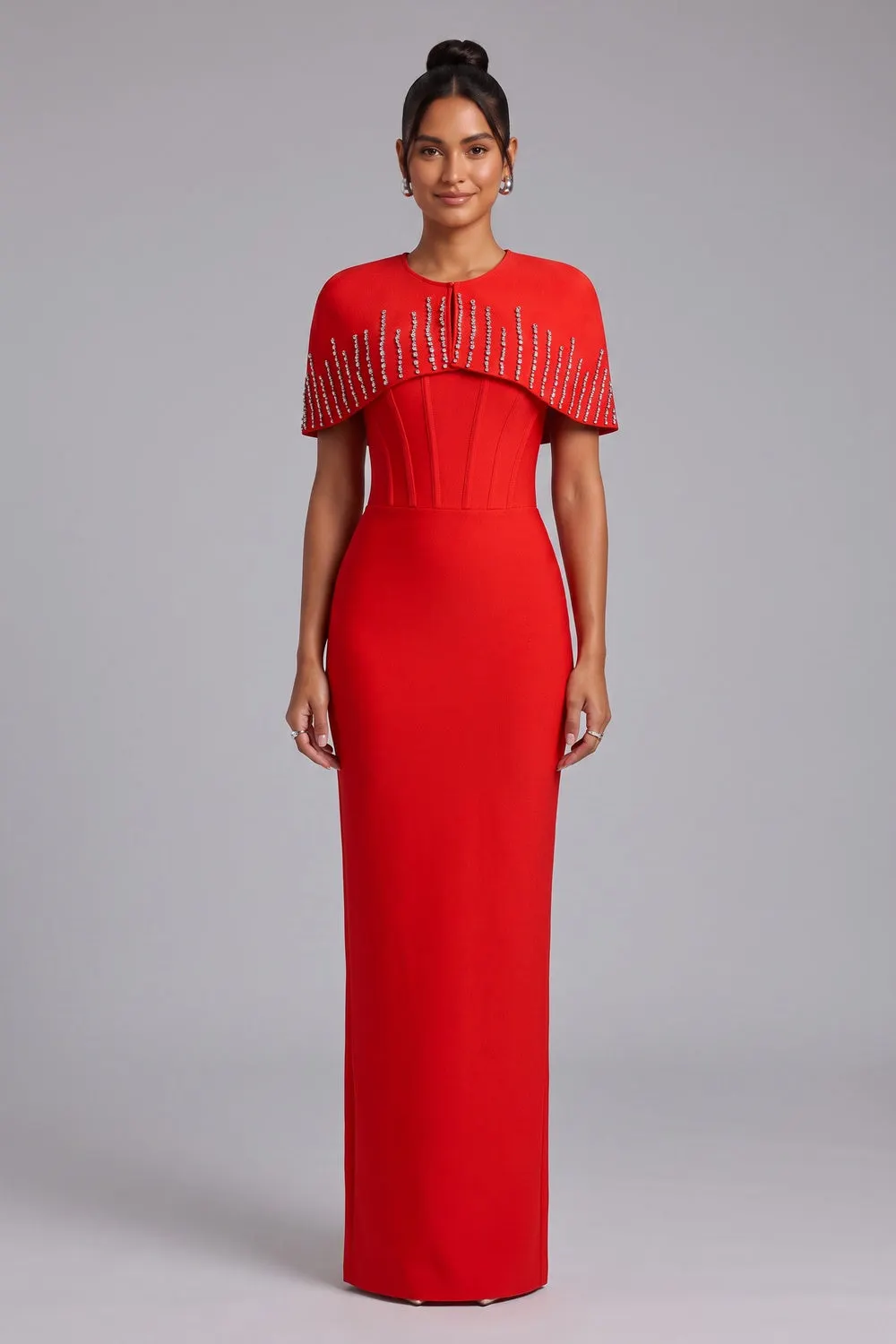 Bright Red Heavy Crepe Column Maxi Dress With Capelet - OWNCI