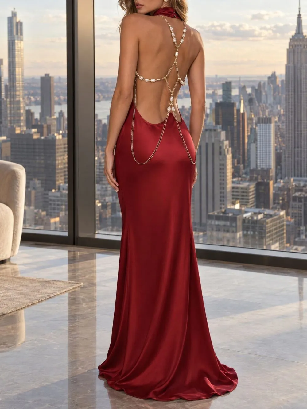 Mirra Red Halter Satin Backless Maxi Dress - OWNCI