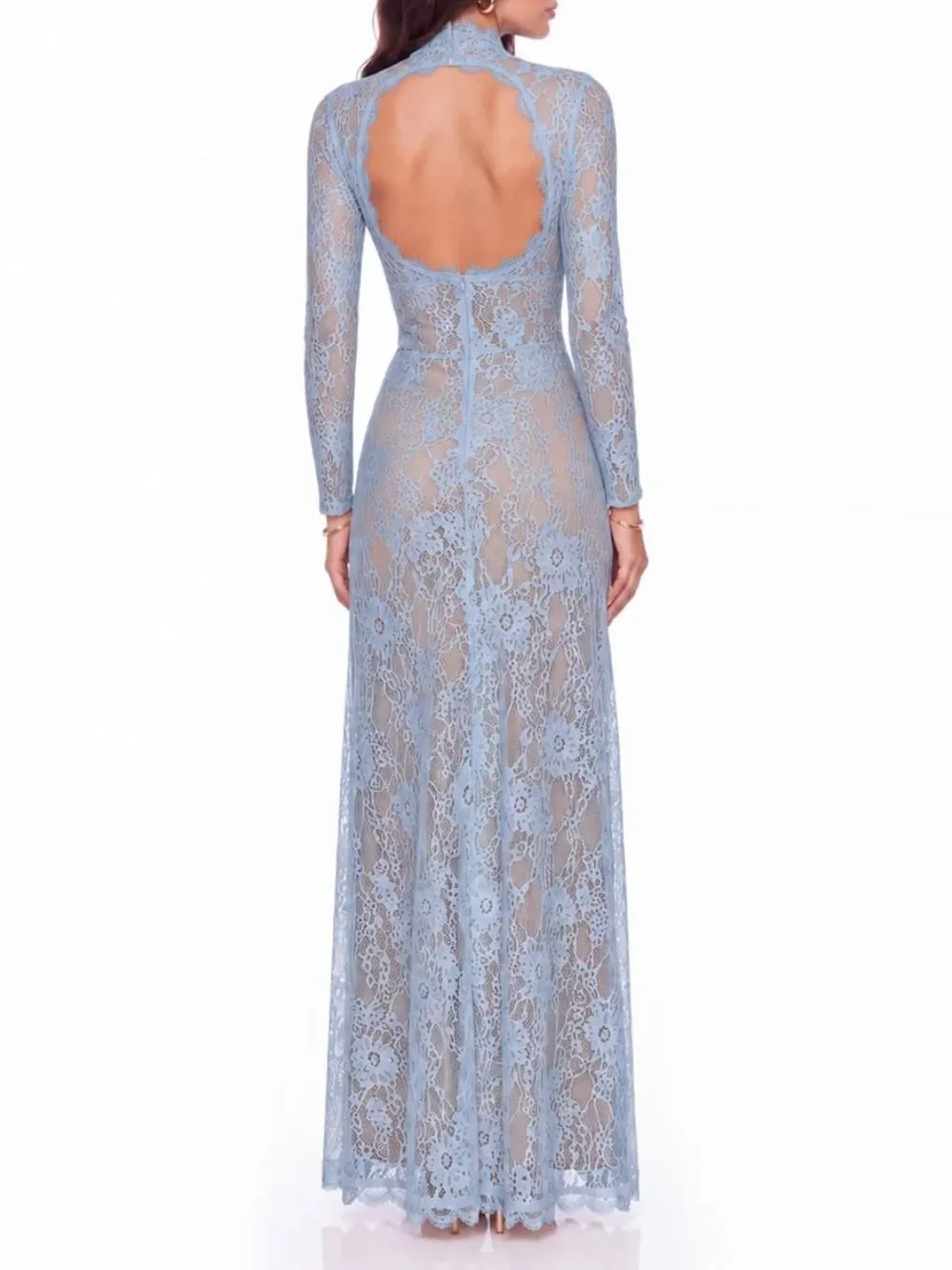 Mareike Long Sleeve Lace Split Maxi Dress In Blue - OWNCI