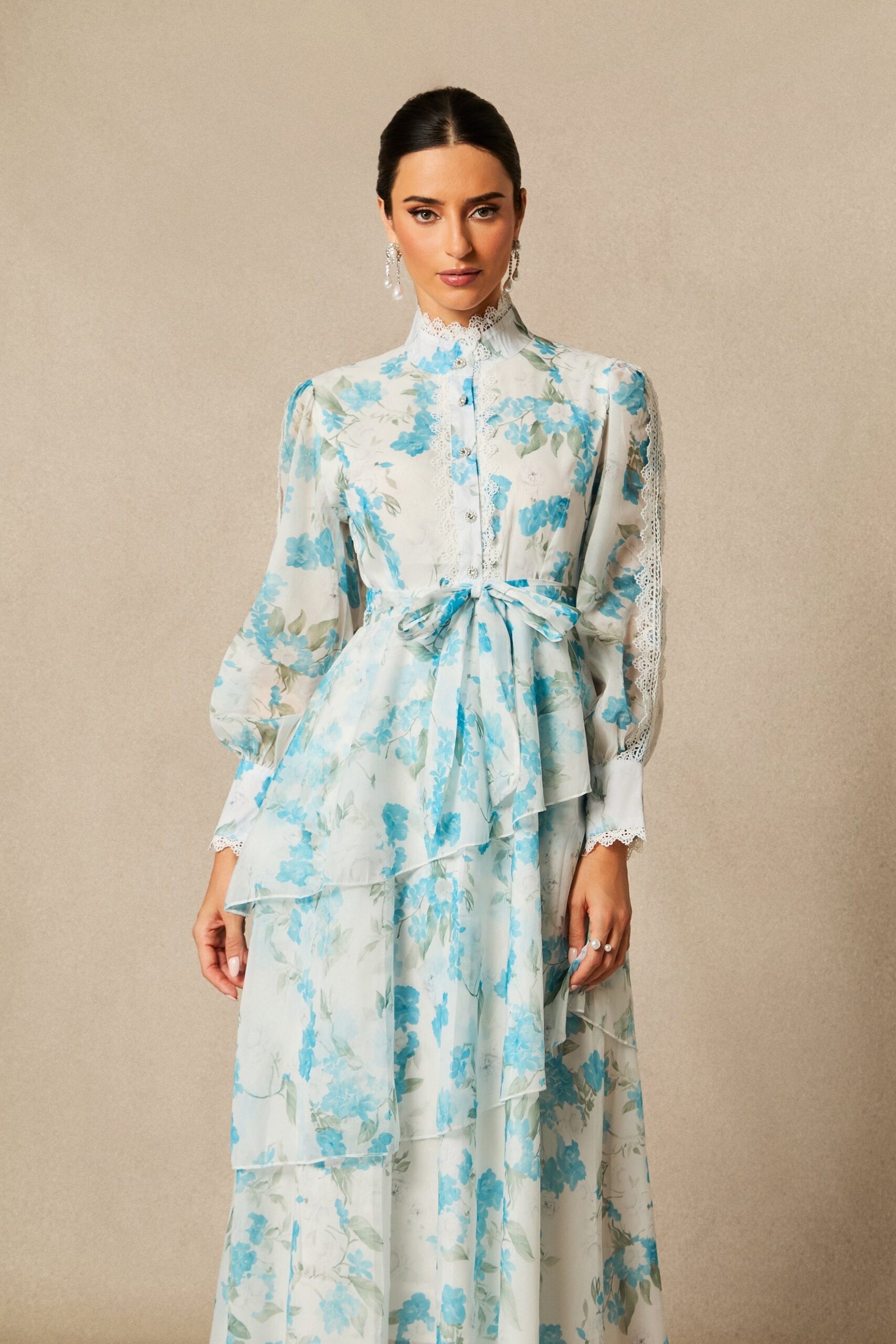 Nina Blue Chiffon Lace Trim Stand-Collar Dress With Layered Ruffles - OWNCI Nina Blue Chiffon Lace Trim Stand-Collar Dress With Layered Ruffles - OWNCI