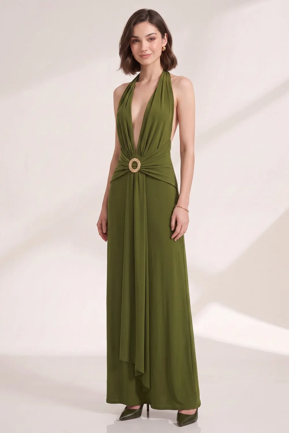 Olive Green Fluid Jersey Column Dress - OWNCI Olive Green Fluid Jersey Column Dress - OWNCI